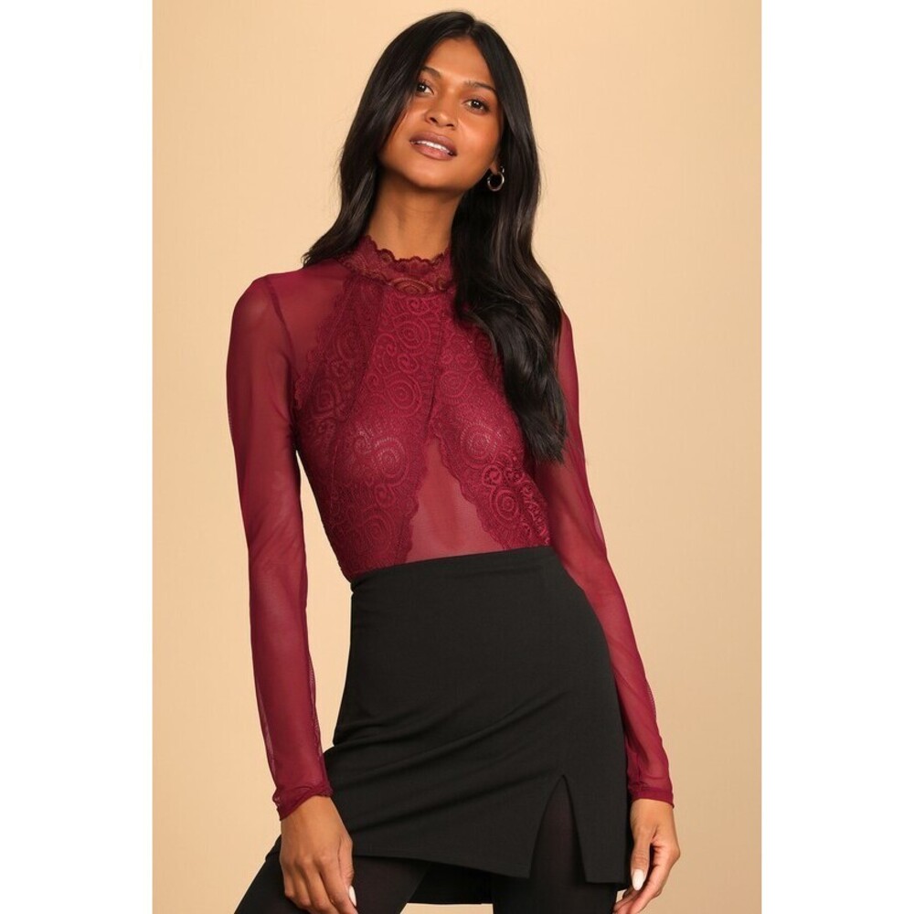Lulu's Burgundy Lace Sheer Long-Sleeve Bodysuit